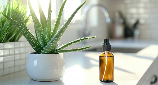 A Bottle of Aloe Vera Face and Body Mist with Aloe Vera Plant on the Kitchen Counter and How you Can Make Your Own.