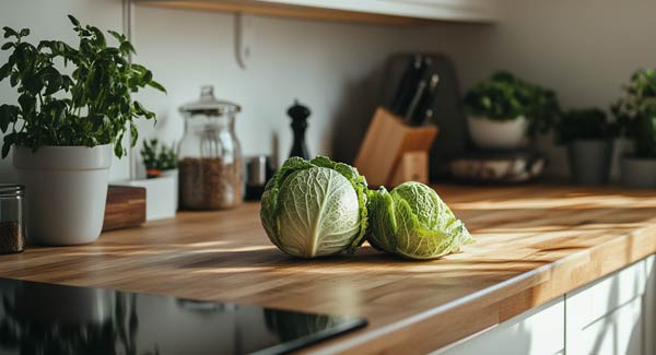 Cabbage on a Kitchen Counter and How to Make a Cabbage Poultice for Sore Throat.