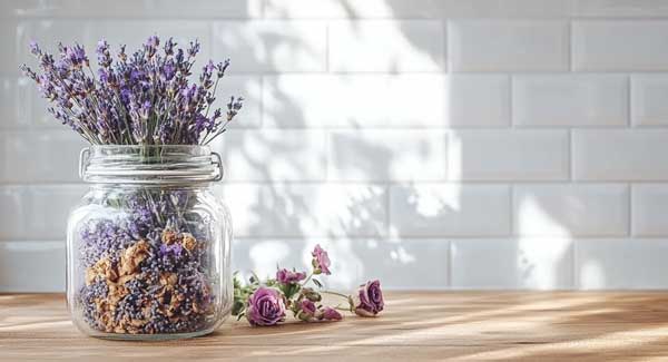 A Jar on the Kitchen Counter with Dried Lavender and Roses and How you can Infuse Them.