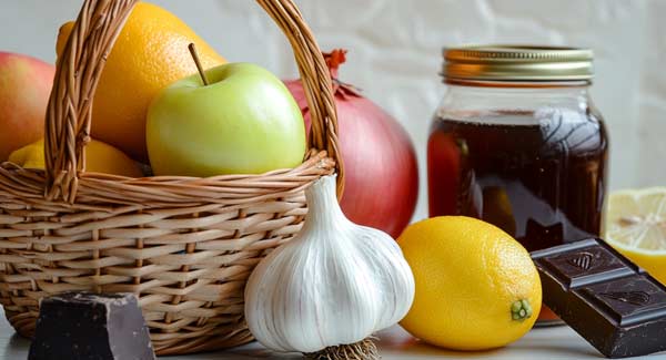 Fruits, Vegetables, Dark Chocolate and Honey.