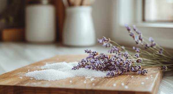 Sugar and Lavender on a Wooden Cutting Board - How to Make Lavender Syrup.