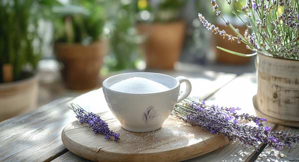 A Cup of Sugar and Lavender on Cutting Board and How to Make Lavender Sugar.