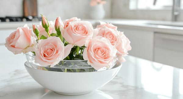 Soft Pink Roses in a Bowl of Water and How you Can Make a Rose Water Face Mist.