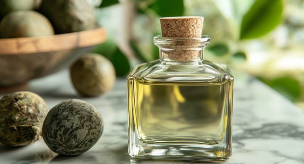 Jar of Tamanu Oil Sitting on a Marble Countertop.